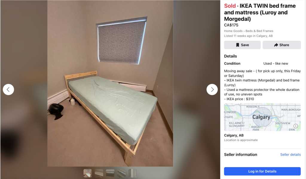 Marketplace ad for the bed